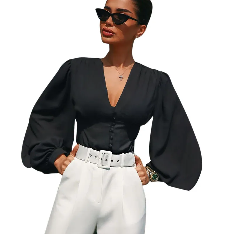R40336S New fashion autumn women's V-neck button lantern sleeves solid color waist blouse top