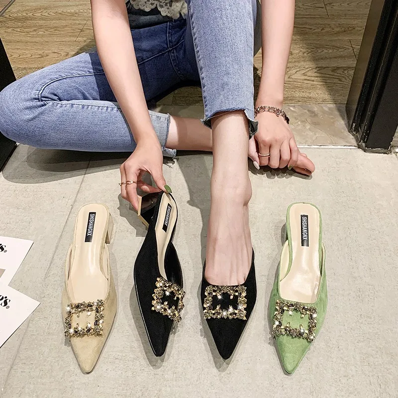 

New design suede half shoes women flat slippers 415, Beige,grey,black