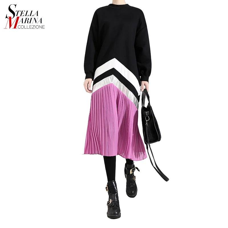 Amazon Hot Sale Autumn and Winter Basic Model Long Sleeve O-line Casual Ruffles Swing Women Dresses