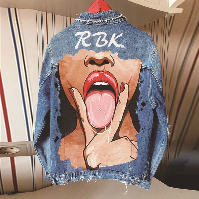 

J9954 2021 autumn high quality fashion cartoon print jeans jacket top women long sleeve vintage denim coats, 27 colors as picture