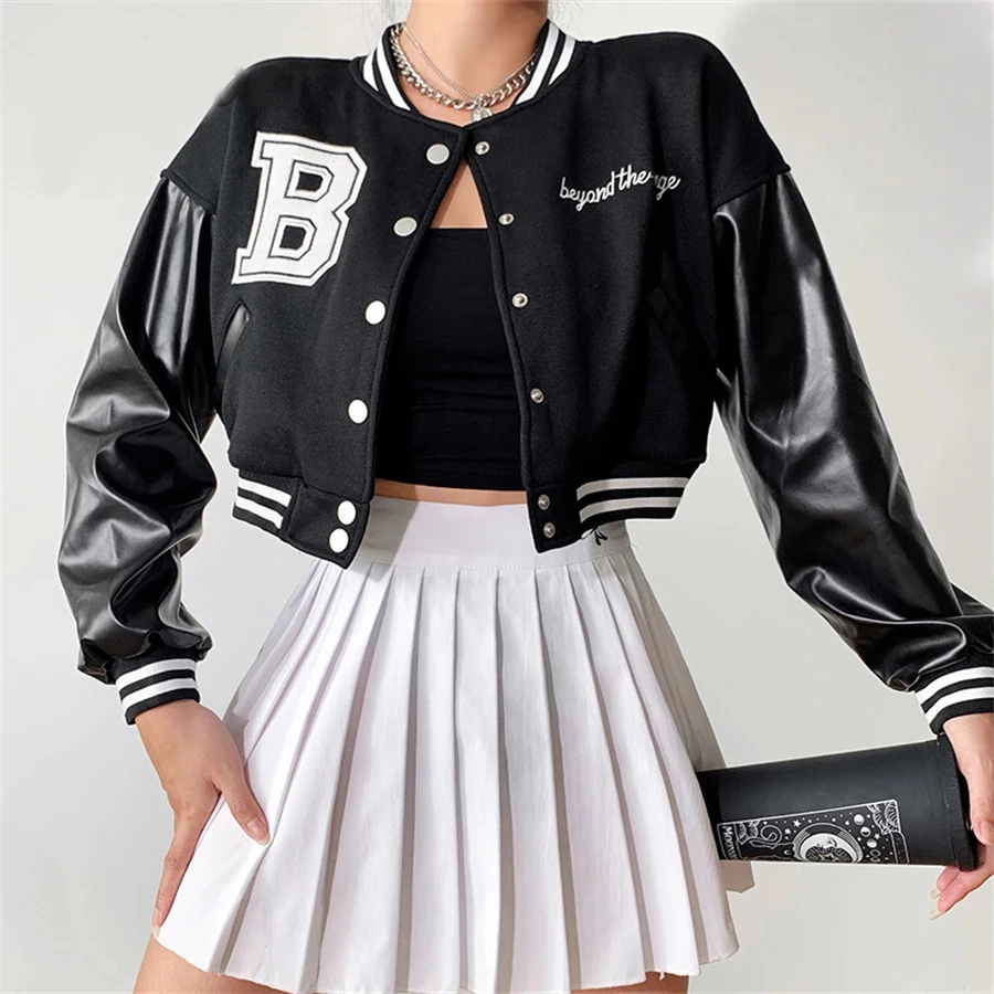 

Round Neck Short Baseball Uniform Fashion Street Jacket Embroidery Pattern Casual Winter Pu Coat Women Sexy Outing Clubwear, As shown