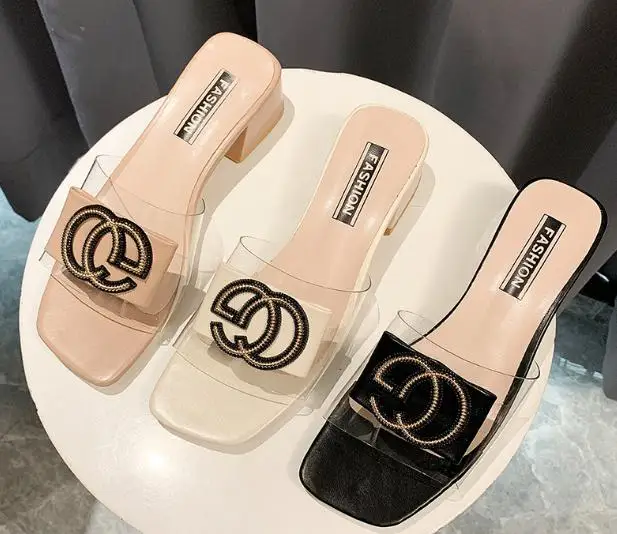 

2020 fashion Middle high thick square heels slippers sandals for women and ladies summer open-toe slides shoes