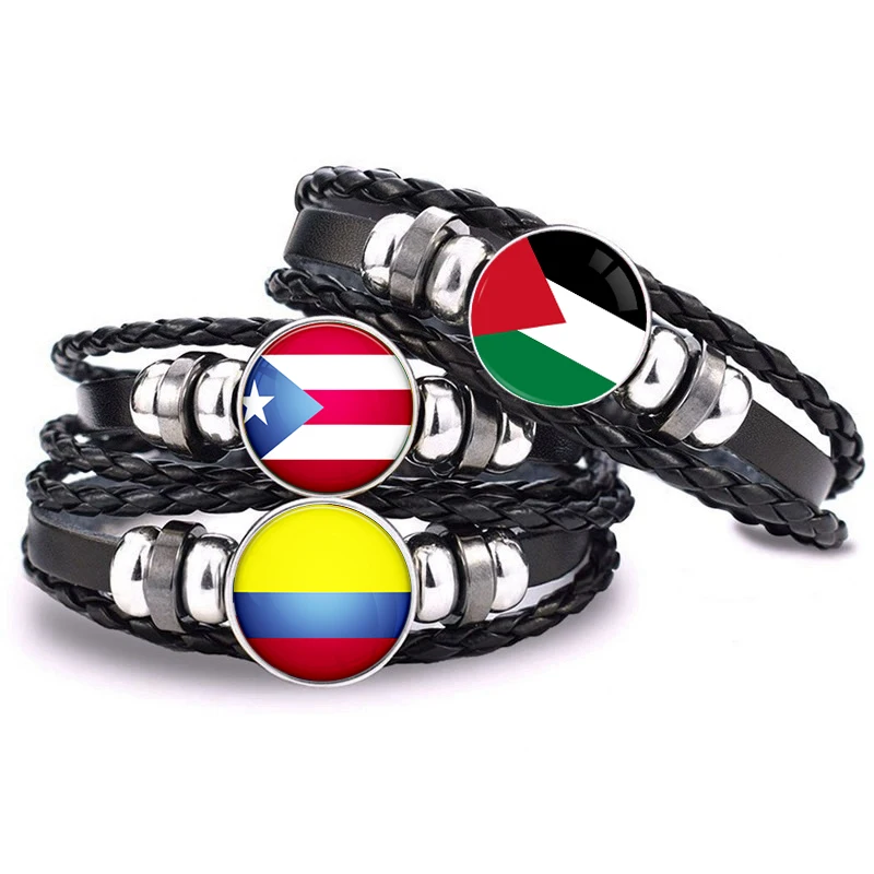 

287 Countries Country Flag Glass Cabochon Charm Adjustable Genuine Leather Cuff Bracelets National Holiday Promotional Gifts