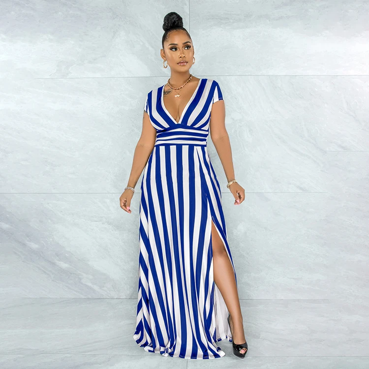 

2021 Latest Spring Summer Fashion Short Sleeve Striped Womens Long Dresses V Neck Maxi Dress With Slit -pt, Red,black,blue