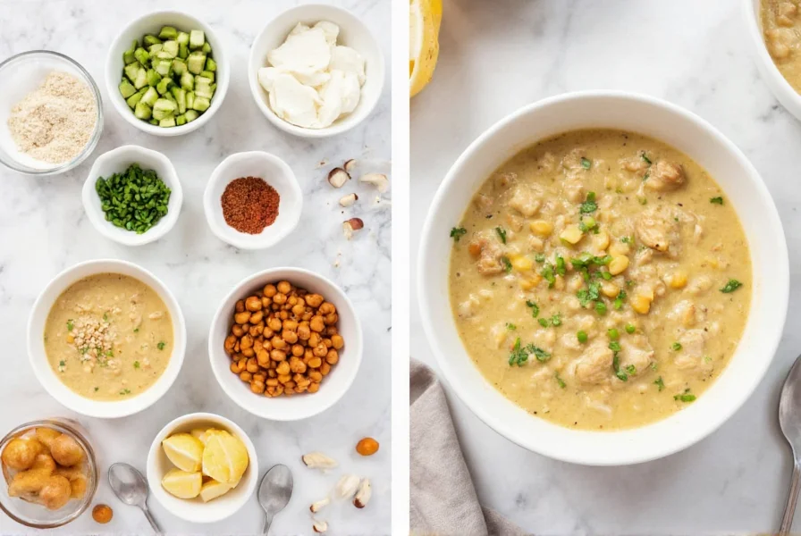 Step-by-step preparation of simple white chicken chili showing ingredients in bowls and finished dish in white ceramic bowl
