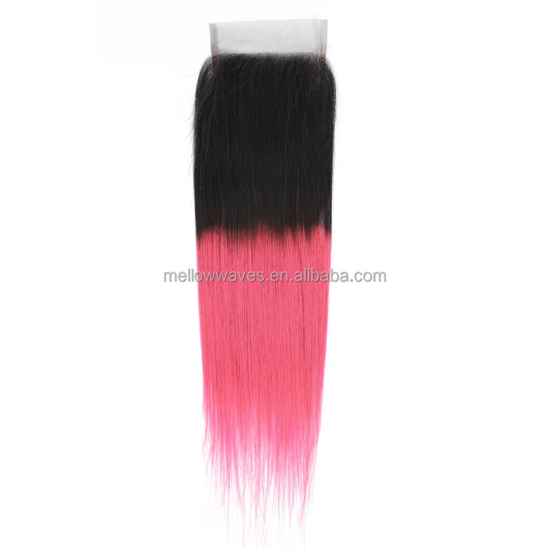

Ombre 1B-Pink 4*4 Swiss Lace Closure Brazilian Silky Straight 130% Density Remy Human Hair 8''-20