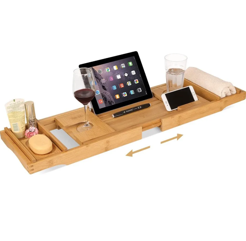 

Tray Bath Table Adjustable Caddy Tray Bamboo Bathtub Storage Rack