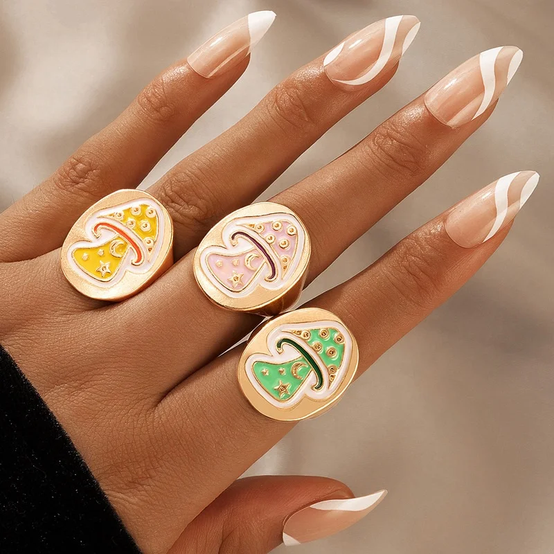 

New fashion punk jewelry for women girls cute multi-color mushroom drip oil charm rings simple y2k geometric finger enamel rings