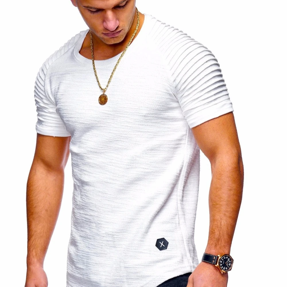 

Custom Logo cotton slub Summer Men Solid Color curve bottom Pleated short sleeve Fitness Sports Casual Plain men's blank T-Shirt