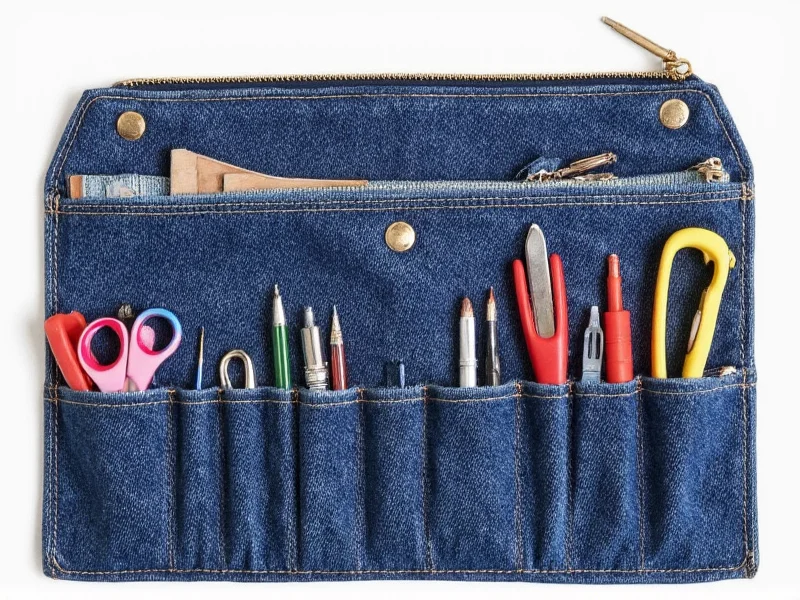 Finished denim pocket organizer holding craft supplies