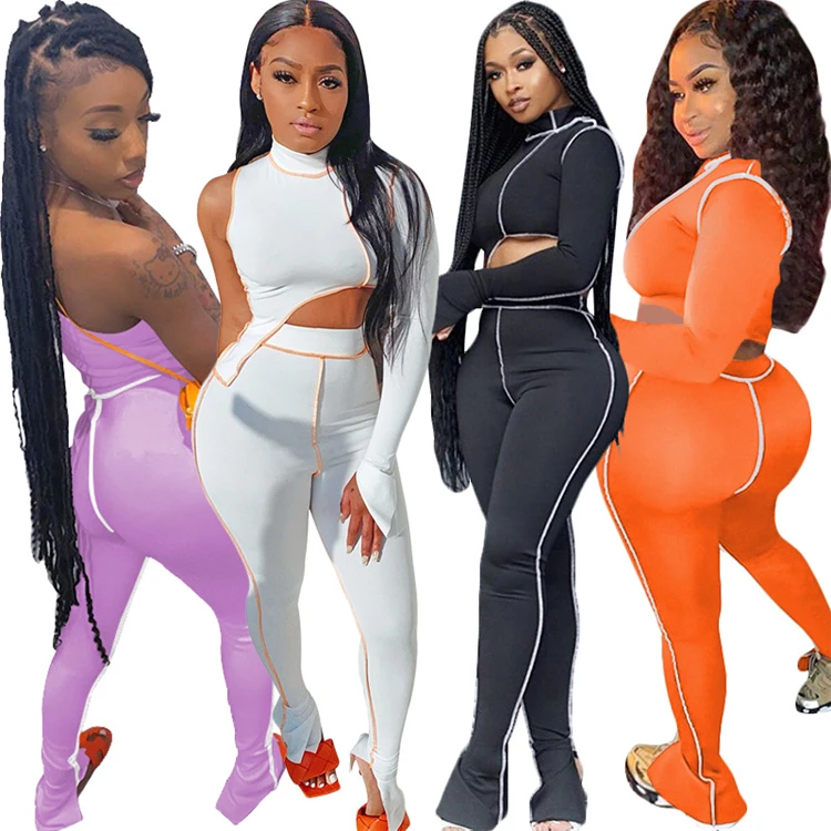 

S3890-summer 2021 one sleeve two piece set women sweat suits workout sets, Solid