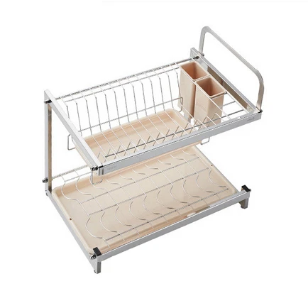 

304 stainless steel 2 tiers dish organizer dish drying rack with tray, Silver