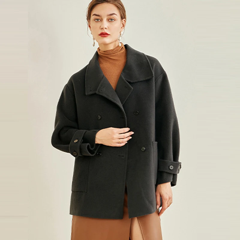 

High-end hand-stitched double-sided woolen jacket windproof stand-collar double-breasted women sheep wool coat
