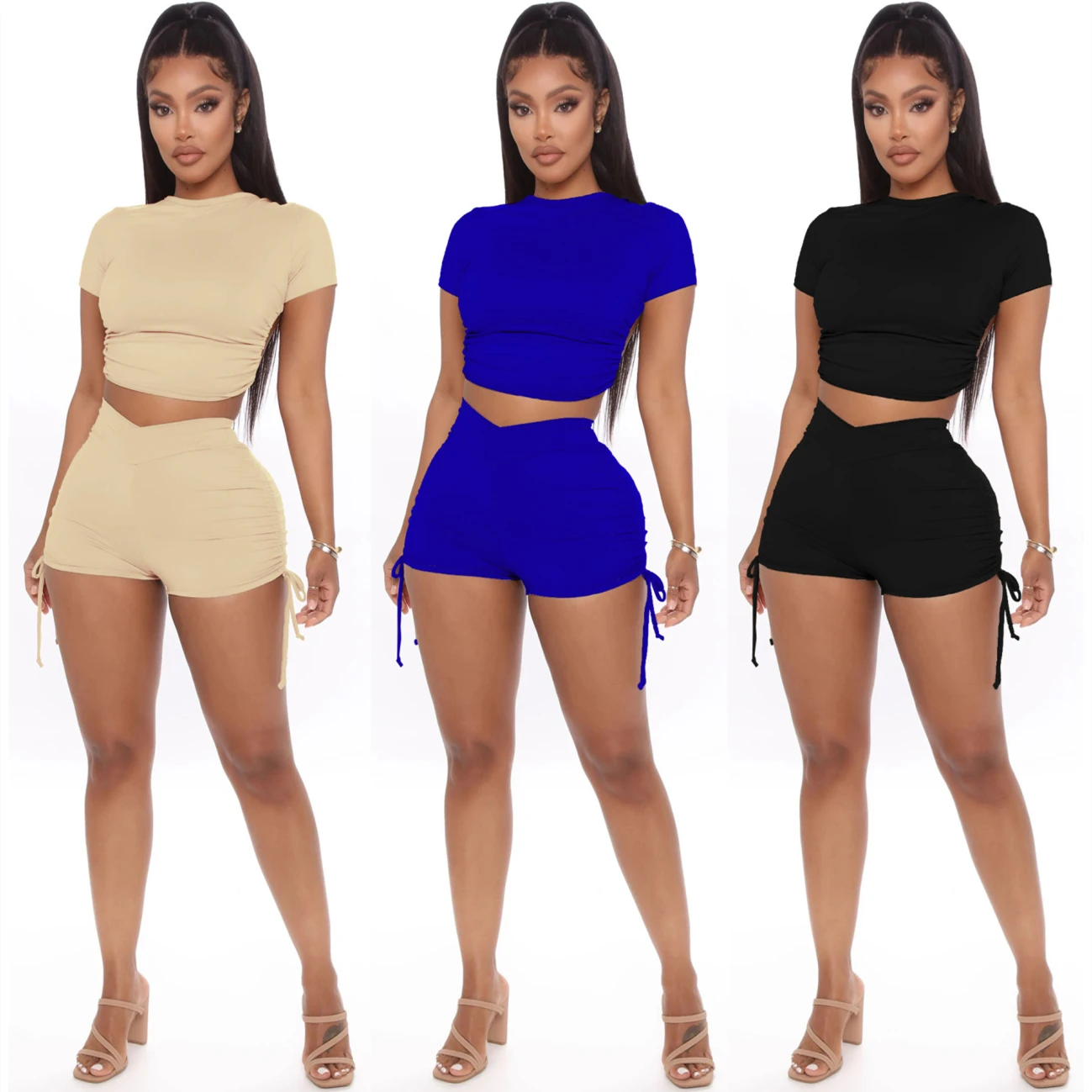 

Summer 2021 fashion casual sexy women's drawstring shorts, backless top, ladies' two piece solid color cotton outfit, Picture