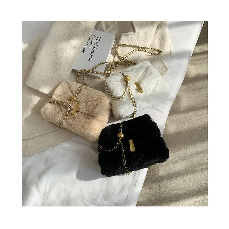 

Soft Fur Ladies Trapezoid Shoulder Messenger Bags Chains Luxury All Match Fall Winter Hand Clutch Bags Women Purses and Handbags