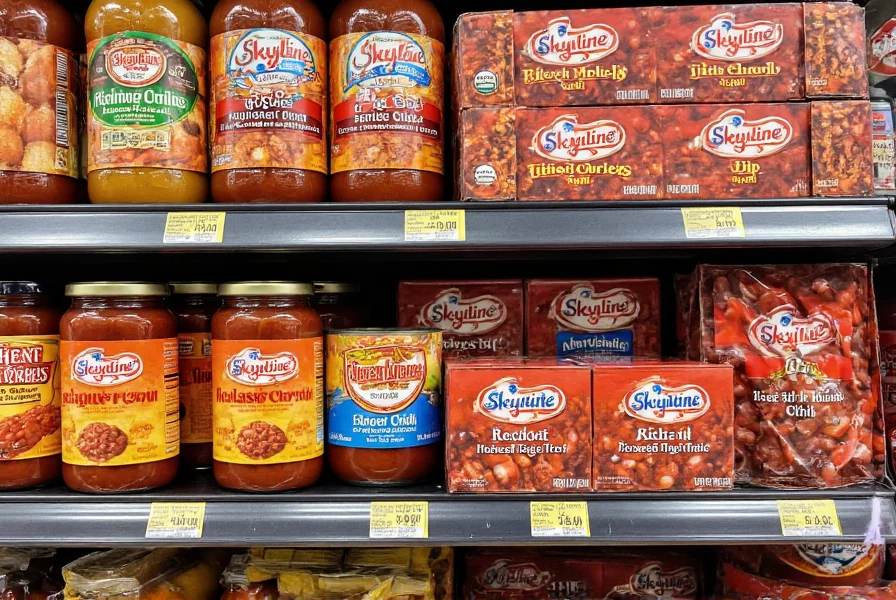 Grocery store display showing various Skyline chili products including the dip version next to traditional chili