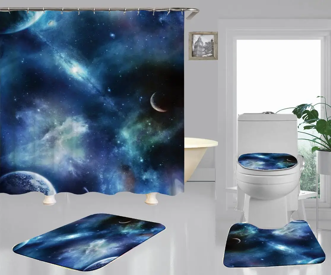 

Dream Galaxy Star Printing Toilet Seats Shower Curtain Dark Color Quality Bathroom Carpet Set