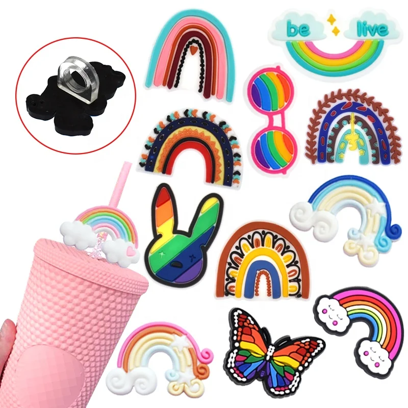 

pvc rainbow drinking straw cover reusable straw toppers shooting star cloud rainbow straw charm buddy toppers