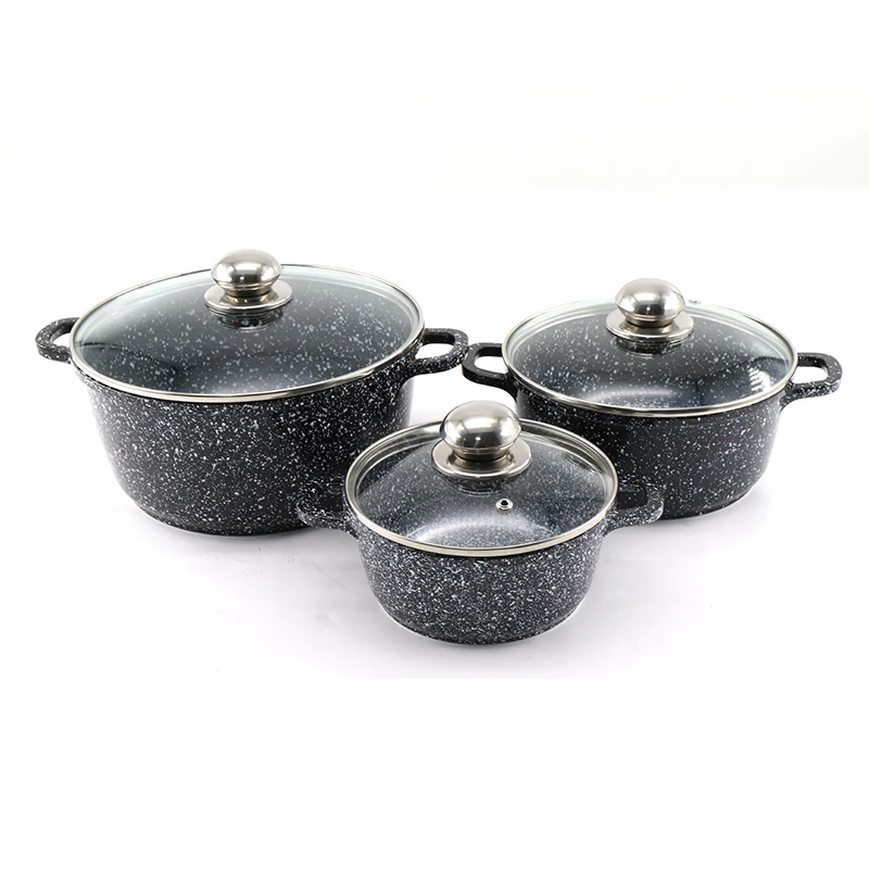 
6 PCS round pot kitchenware set die casting ceramic marble cookware set 
