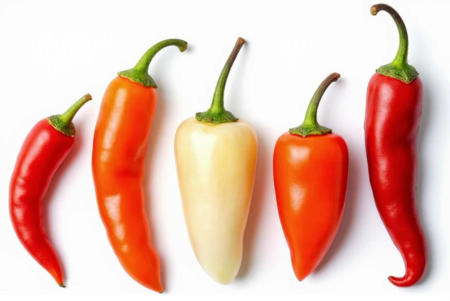 Close-up comparison of various pepper types showing size, shape, and color differences for understanding pepper physical attributes