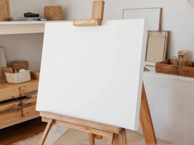 Reclaimed wood DIY easel with canvas in natural studio setting