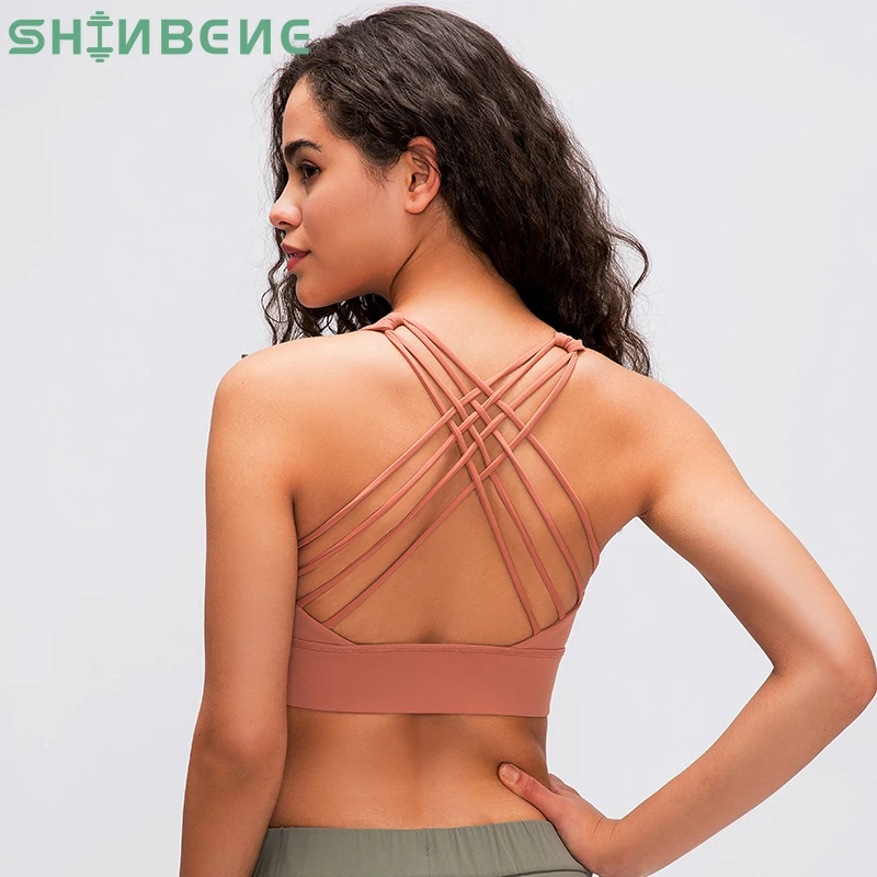 

SHINBENE Shockproof Cross Straps Running Gym Sport Bras Top Women Widen Hem Push Up Workout Fitness Yoga Crop Tops Brassiere