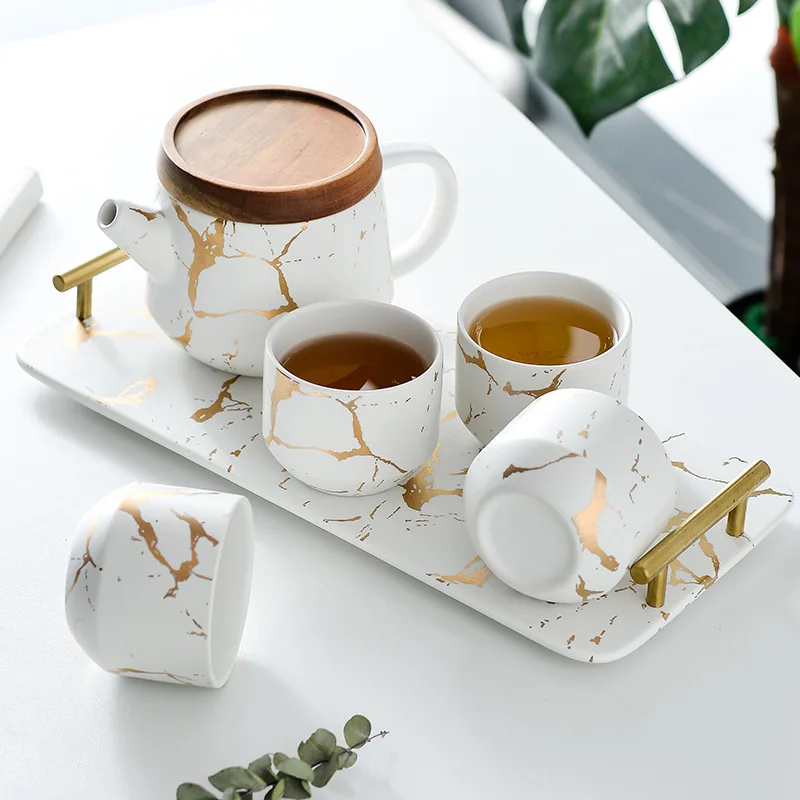 

Hot sale luxury modern teapot 4-piece tea cups ceramic large tea pot marble tea service set with wooden tray, Customized color