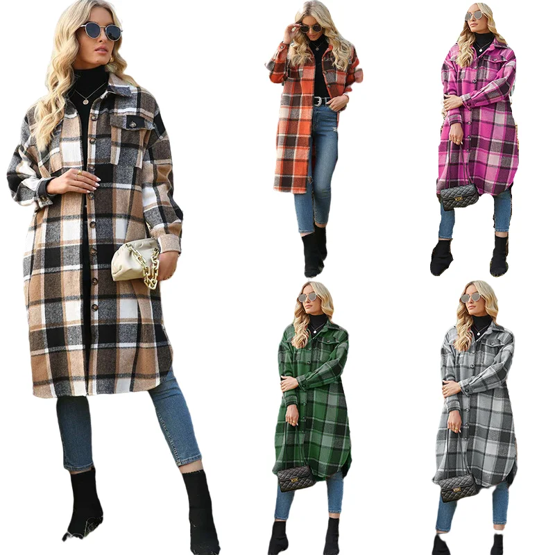 

wholesale women long cardigans 2021 women plaid shirt jacket ladies wool coats women plaid jacket trench coat