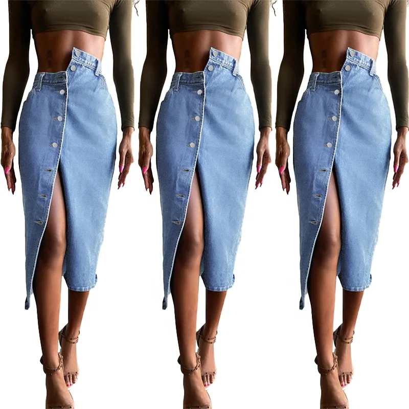 

ZT60005 NEW Long Front Split Curvy Denim Pencil Skirt High Rise Single-Breasted Sexy Blue Jean Skirts With Asymmetrical Waist