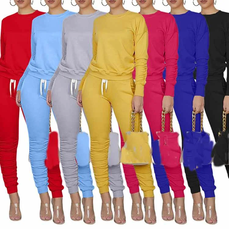 

New arrivals autumn solid round neck cotton women 2 piece sets