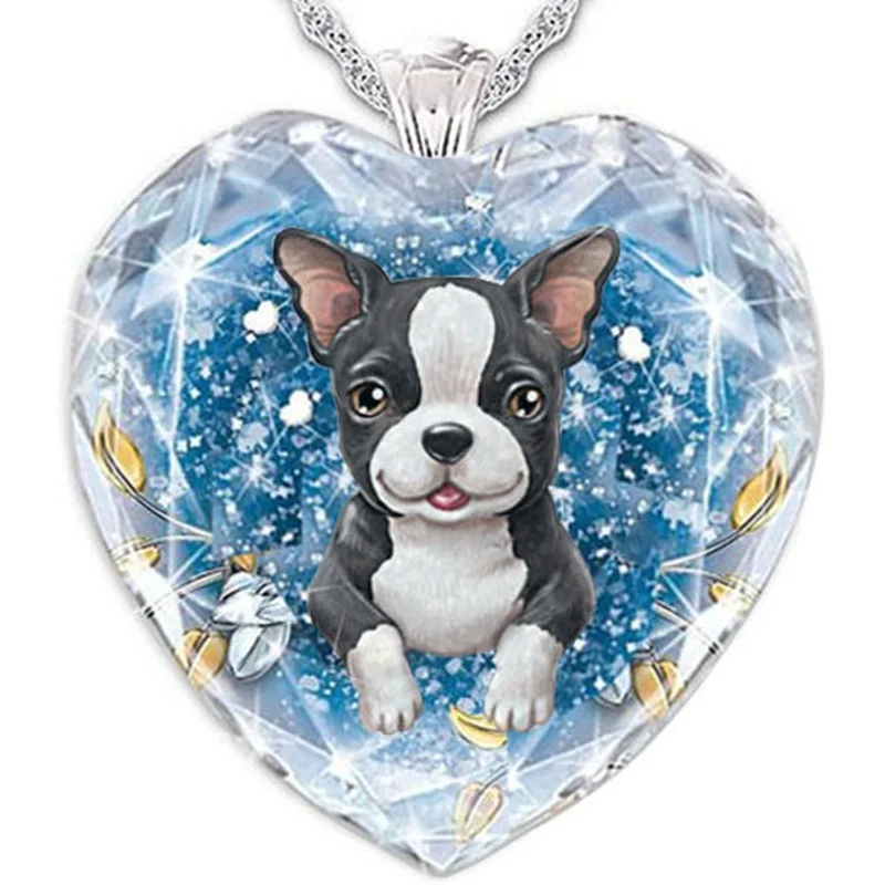 

Wholesale Fashion Crystal Double-layer Animal Boston Terrier Cartoon Dog Necklace Chain Pendant