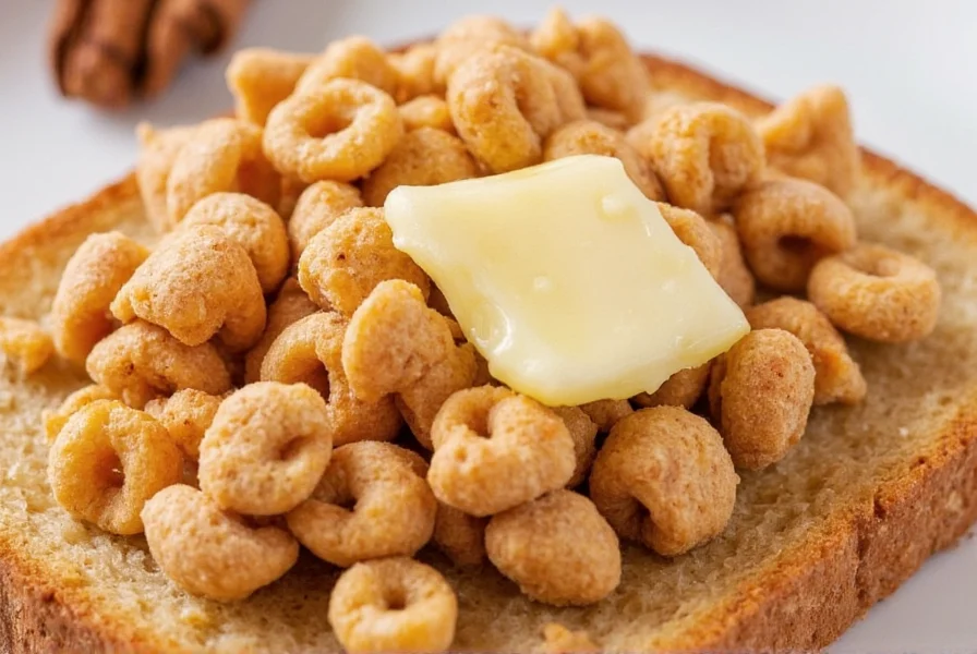 Close-up of toast topped with crushed Cinnamon Toast Crunch cereal pieces and melted butter