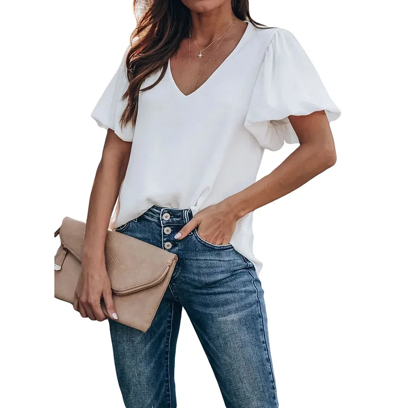 

Wholesale Summer Fashion Puff Sleeve V Neck Plain Womens Blouses Top