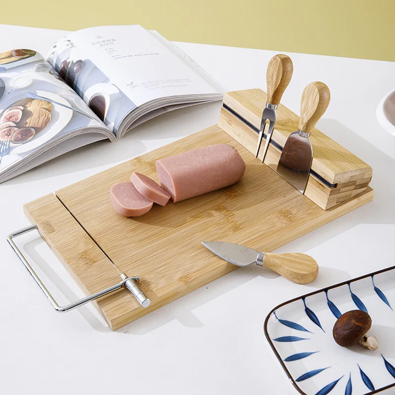 

Wholesale Bamboo Cheese Board With Three Piece Set of Knives, Wood color