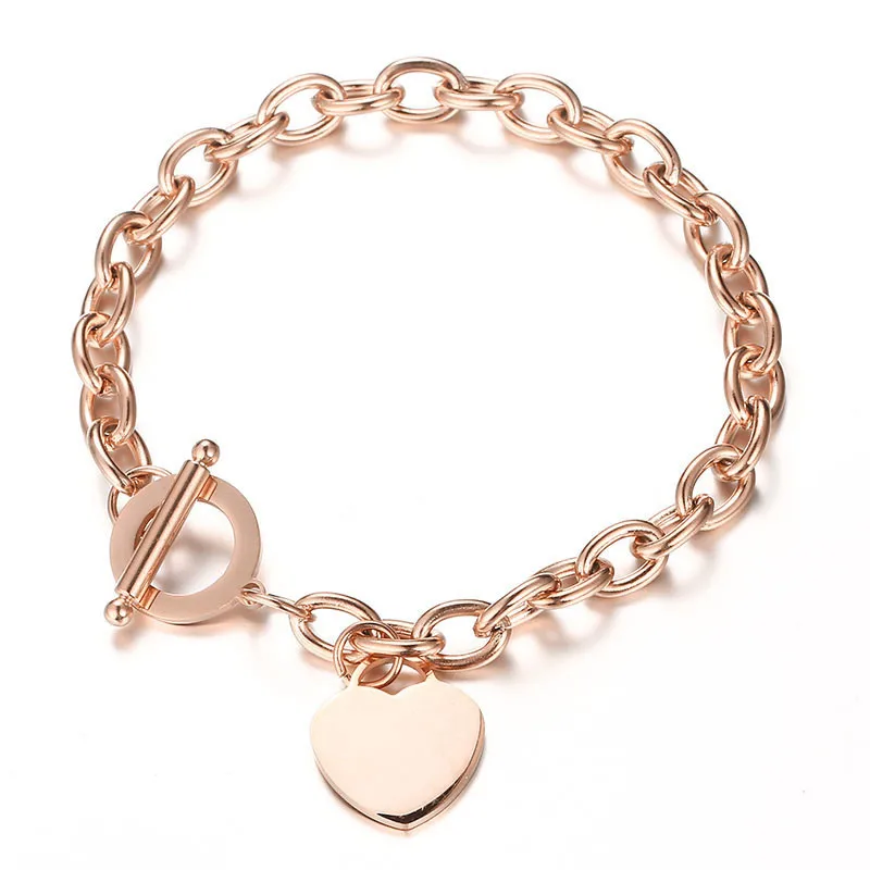 

Rose Gold Women Stainless Steel Heart Charms Jewelry Toggle Clasp OT Buckle Clips Chain Bracelet For Women Lady, Silver,gold,rose gold,black