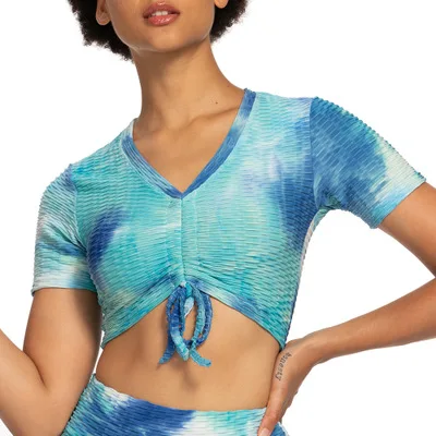 

Wholesale Bulk Yoga Wear Crop Tops Plus Size Women Tie Dye Drawstring Adjustable Cropped T Shirt Workout Wear Top, 5 colors