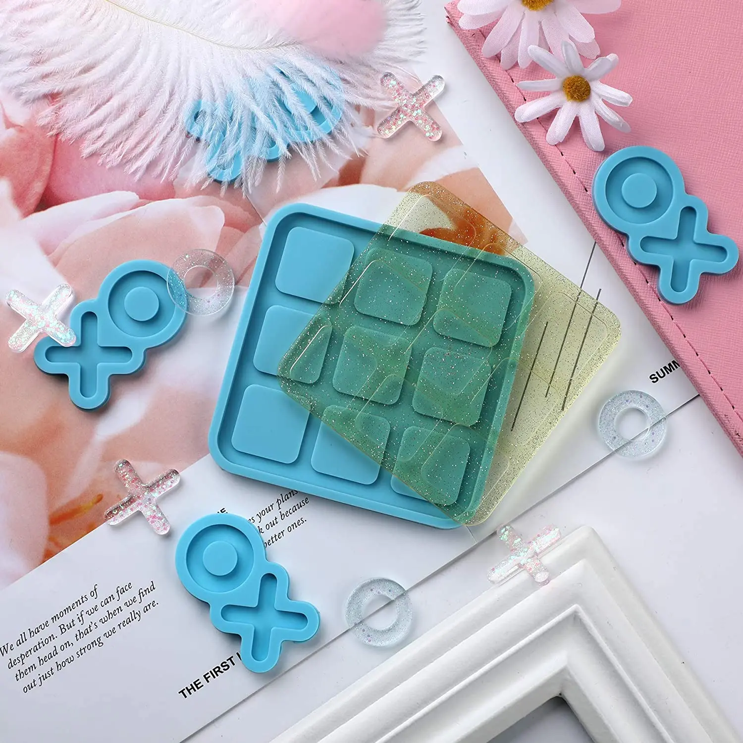 

Tic Tac Toe Resin Mold with 4 Chess Pieces Molds X O Board Game Silicone Molds for Resin Casting DIY Tabletop Board Game, White