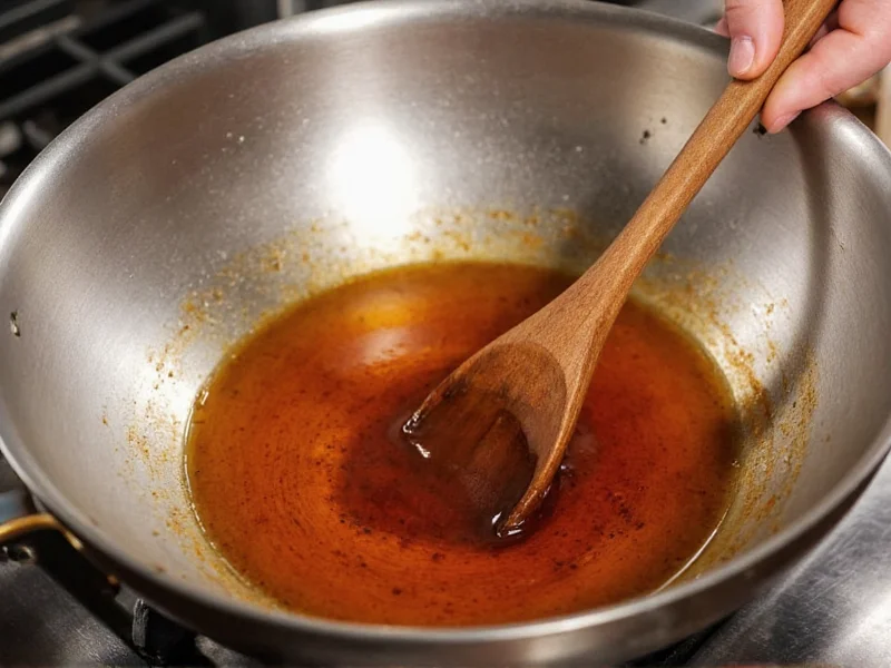 Simmering teriyaki sauce in stainless steel pan with wooden spoon