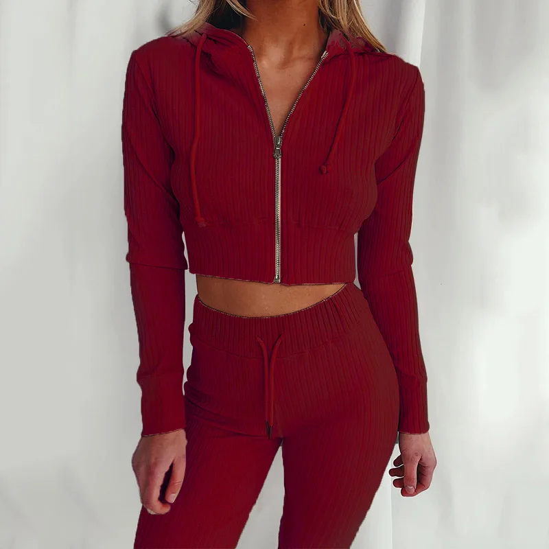 

High Quality Fashion Casual Solid Long Sleeve and Pants Knit Two Piece Hoodie Set Women Clothing, Picture