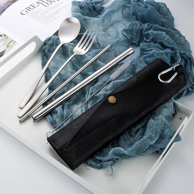 

Reusable Cutlery Utensil Chopsticks Spoon Set Metal Straw Portable Travel Cutlery Set with Leather Pouch, Black,gold,rose gold,silver