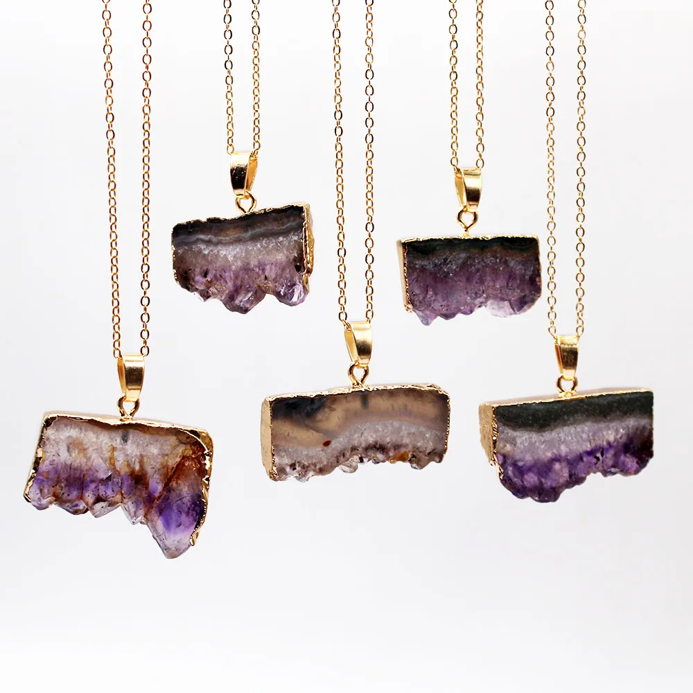 

Spot wholesale Fashion Natural Raw Material Amethyst Gemstone Plating Agate Necklace Pendant, Purple