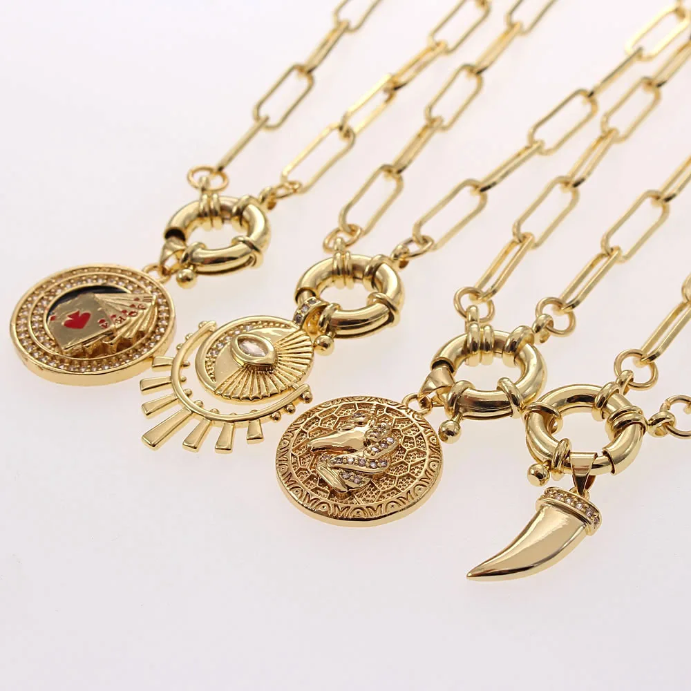 

MHS.SUN Hiphop Style Chunky Chain Necklace Fashion Zircon Eyes/Card Charm Pendant Necklace Vintage Gold Color Jewelry Gifts