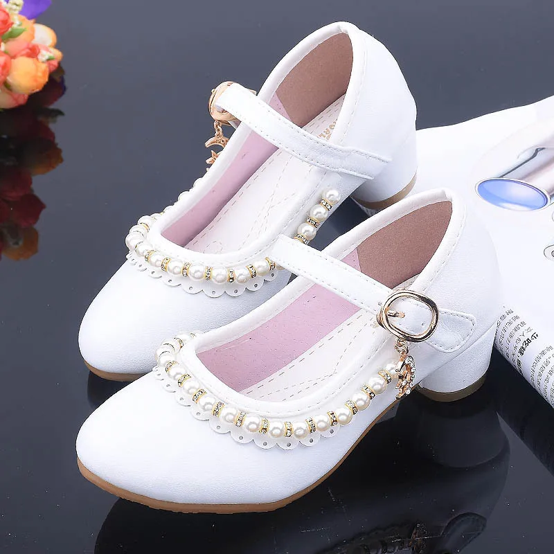 

26-37 Size White Little Girls High Heels Children's Princess Shoes Dress Leather Sole Performance Dance Shoes