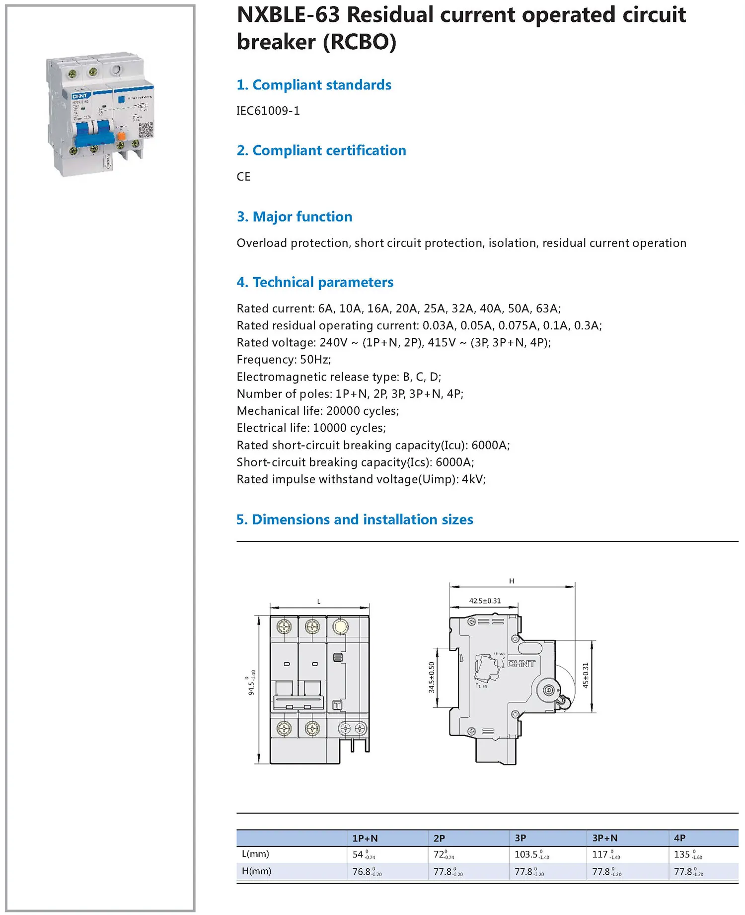 Chint NXBLE-63 1P+N 2P 3P 3P+N 4P 6A 10A 16A 20A 25A 32A 40A 50A 63A 30mA Type AC Type A CHNT RCBO Residual Current Operated Cir