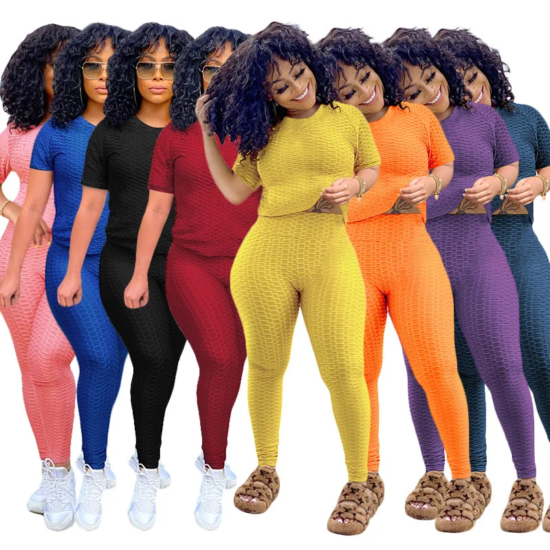 

ORS390071 women workout clothing 2021 Solid color short sleeve top yoga pants women outfits two piece set, Yellow, black, burgundy, pink, blue, orange, purple, navy blue