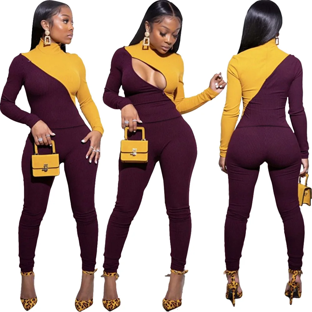 

Factory Women Clothing Long Sleeve Patchwork Chest Zipper Jogging Suit Two Pieces Pants Set