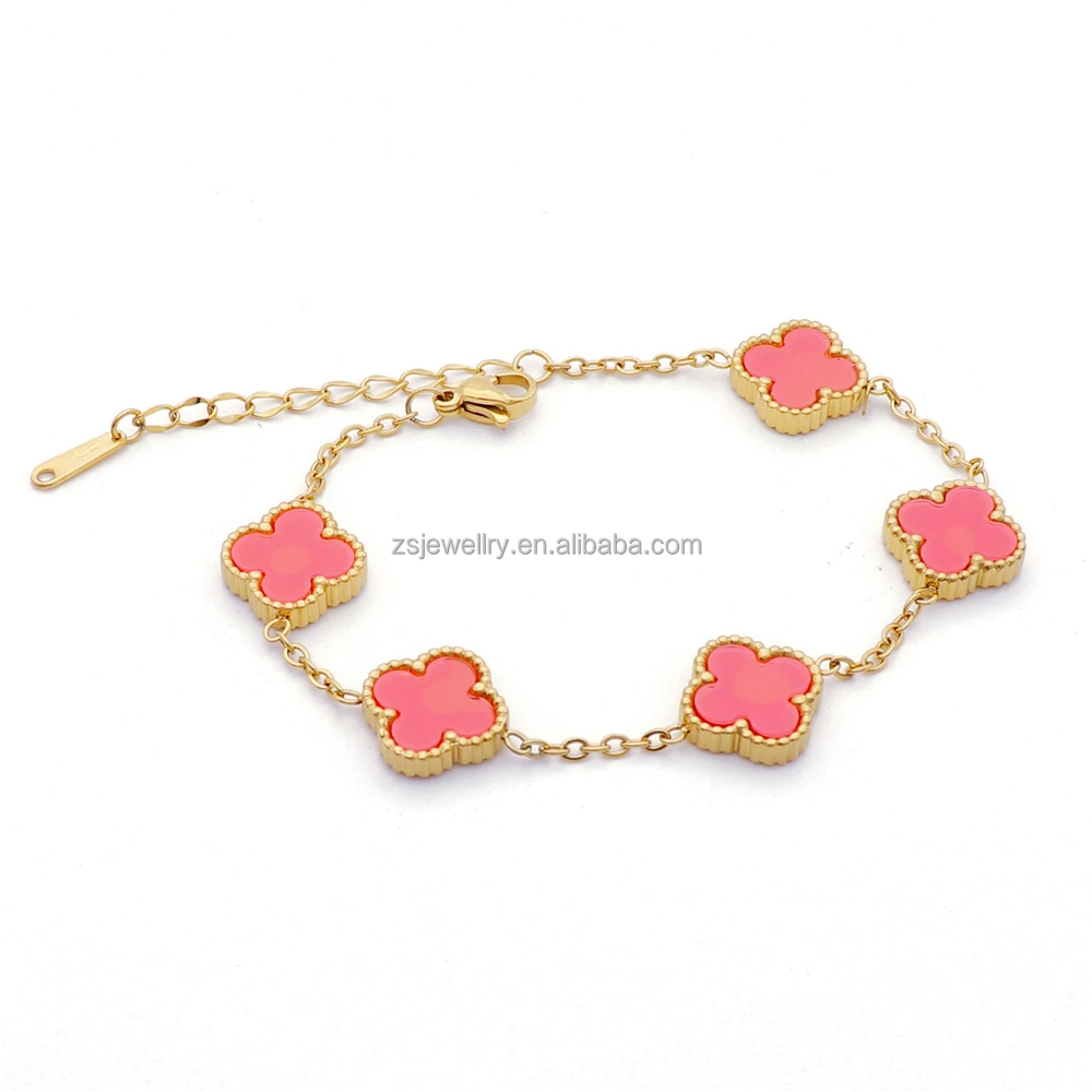 

Clover Stainless Steel 18K Gold Plated Eye Red Shell Stone 5 Element Classic Christmas Bracelet