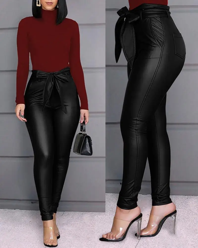 

2021 hot style European and American women's fashion casual PU pants leather pants (including belt)