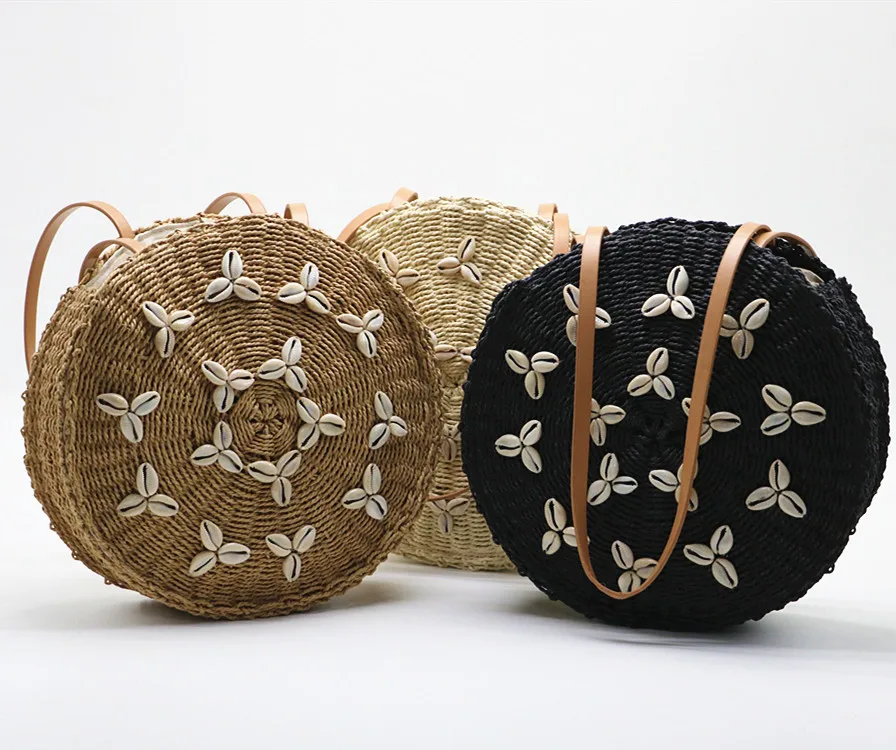

seashell Latest Fashion seashell rattan bamboo travel bag Beading straw round tote handbag