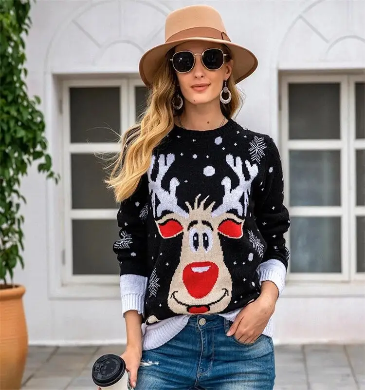 

wholesale women knitwear long sleeve contrast color Christmas styles autumn winter loose Ladies knitted sweater